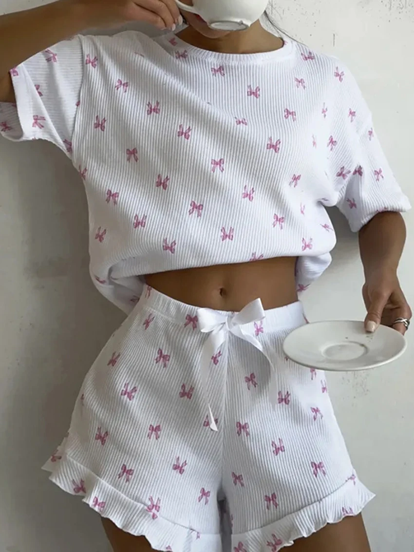 

Marthaqiqi Casual Ladies Nightgown Suit Short Sleeve Pajama O-Neck Nightwear Shorts Printing Female Sleepwear 2 Piece Set Winter