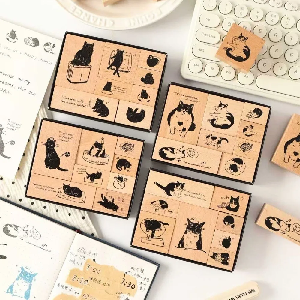 8pcs New Wooden Stamp Set Cartoon Cat DIY Crafts Hand Carved Stamps Stationery Supplies Scrapbooking Stamps for Children Kids