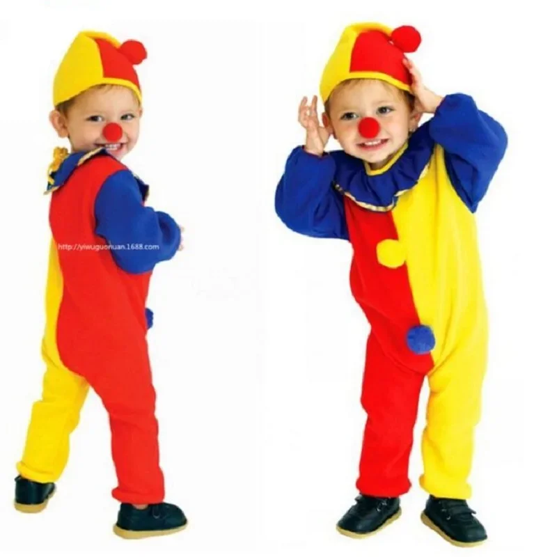 Children Halloween Buffoon Costumes Baby Clown Cosplay Costume Circus Jumpsuits Kids Christmas Day New Year Rompers Hat