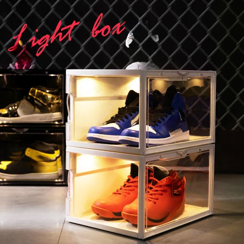 2pcs Side Open Magnetic Clear Stackable Shoe Box Acrylic Sound Control Led Light Shoe Storage Sneaker Box with Lighting