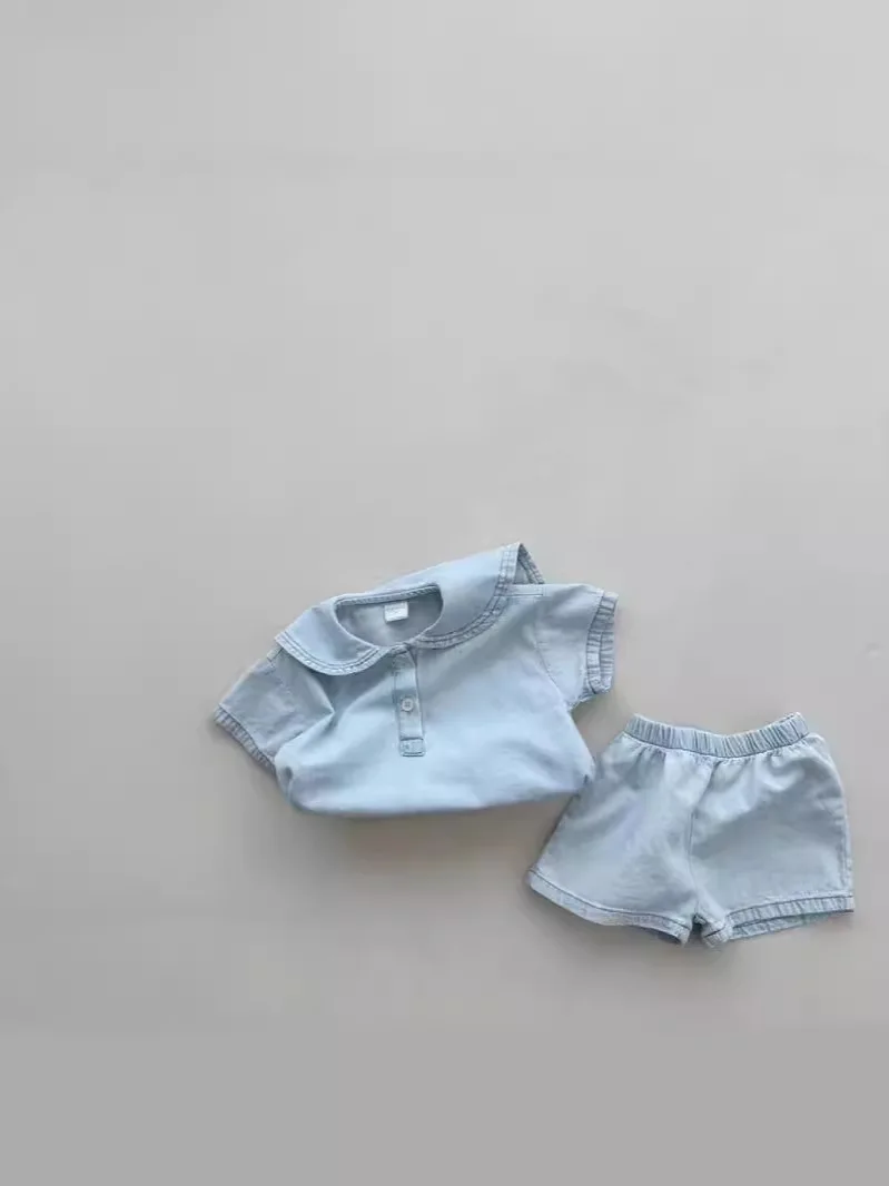 Sommer neue Baby Kurzarm Denim Set Kleinkind Jungen Mädchen Seemann Kragen Tops Shorts 2 stücke Anzug Kleinkind vielseitige Casual Outfits