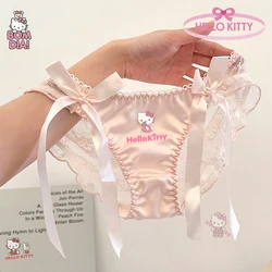 Hello Kitty Cartoon Anime Cute Kawaii Women Panties Pink Ribbon Bow Underwear Sleek Satin Briefs Sexy Black Lace Female Lingerie