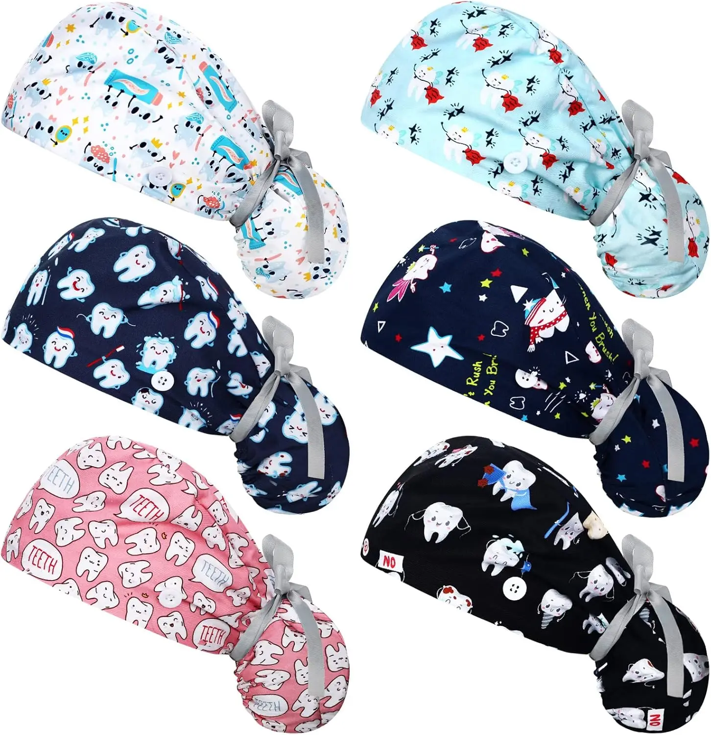 

6 Pcs Dental Scrub Caps for Women Adjustable Bouffant Nurse Hats with Ponytail