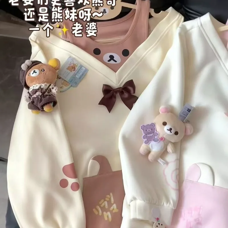 Kawaii القوس الأعلى Y2K مطبوعة الحلو هوديي المرأة الخريف لطيف الكرتون أنيمي قميص قطني بكم طويل كاذبة 2 قطعة الفتيات الحلو هوديس