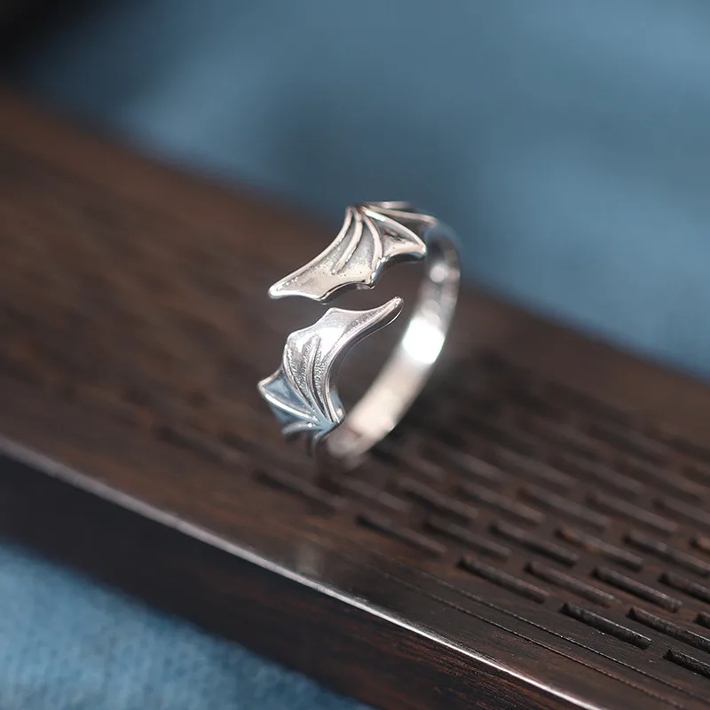 925 Sterling Silver Devil Wings Feather Thai Silver Open Rings For Women Girl Female Sterling-silver-jewelry Bague LR210 image 4