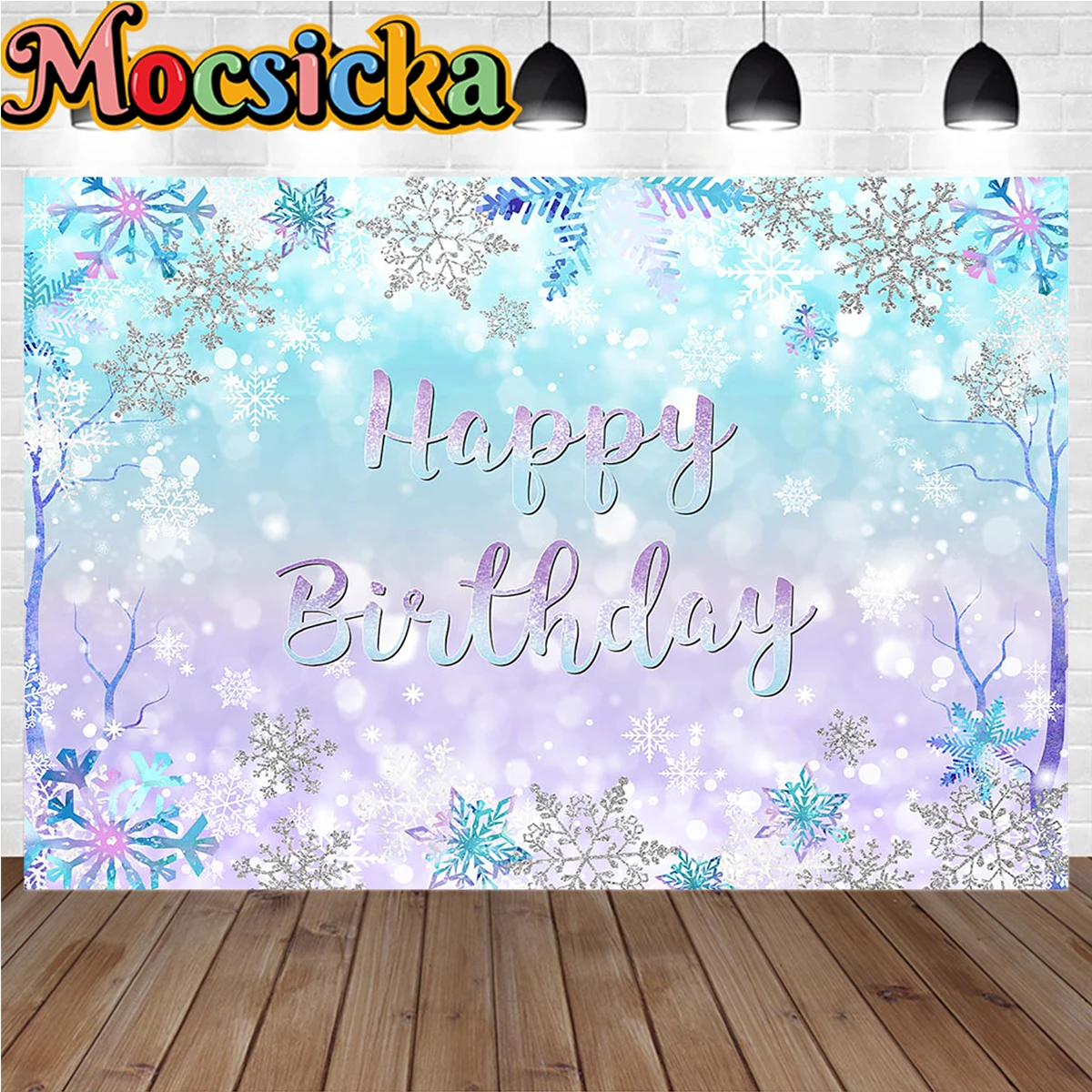 Winter Weihnachten Geburtstag Hintergrund gefrorene Schneeflocken Dekor Hintergrund Banner Neugeborene Kinder lila Bule Geschlecht offenbaren Party Foto