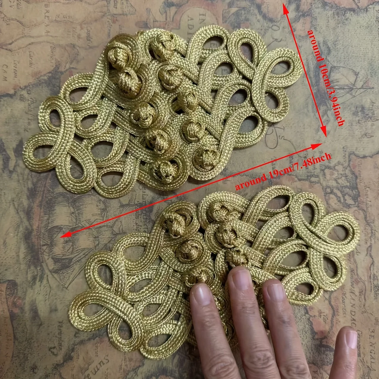 19.5*10cm Gold Uniform Knot Button, Baroque Frog Fastener Cord Embroidery  Knot Button  Applique For Clothing DIY Accessories