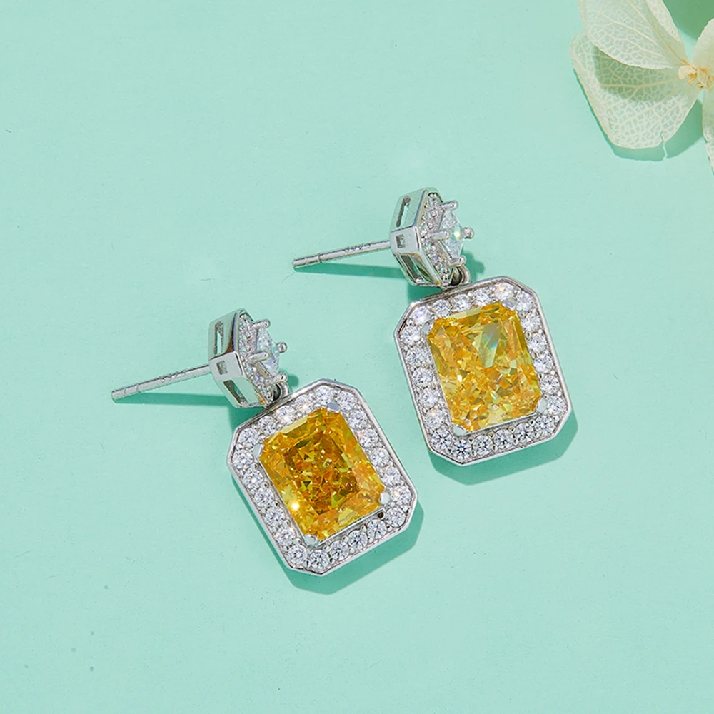 WUIHA Real 925 Sterling Silver Crushed Ice 15CT Fancy Vivid Yellow Lab Diamond Drop Earrings for Women Wedding Gift DropShipping