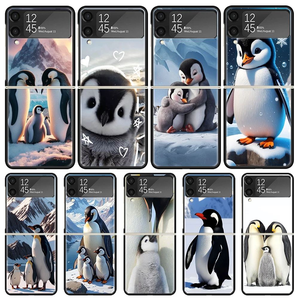 Penguins Love At The North Pole Black Phone Cases for Samsung Z Flip 6 5 4 3 Luxury Hard Galaxy ZFlip6 Flip5 Flip4 Flip3 Mobile