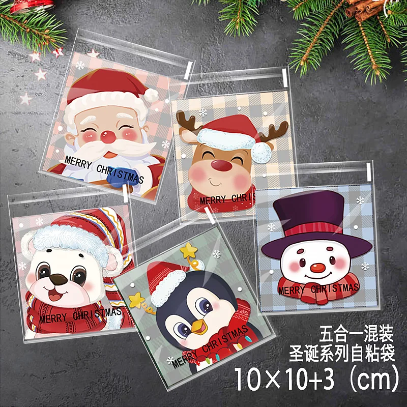 100pcs/lot Mixed Design Santa Claus Merry Christmas Cookie packaging bags 10x10cm  Clear Self Adhesive Plastic Bags