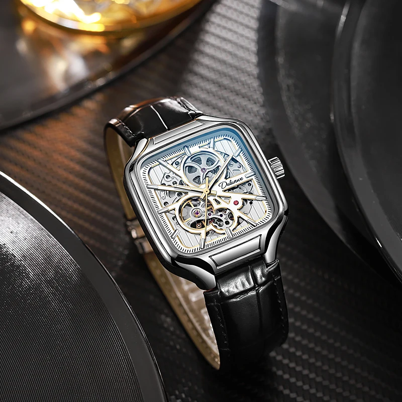 New Top Brands Mechanical Men Watch Fashion Casual Business Skeleton Out Male Automatic Wristwatch  Leather Man\'s Watches