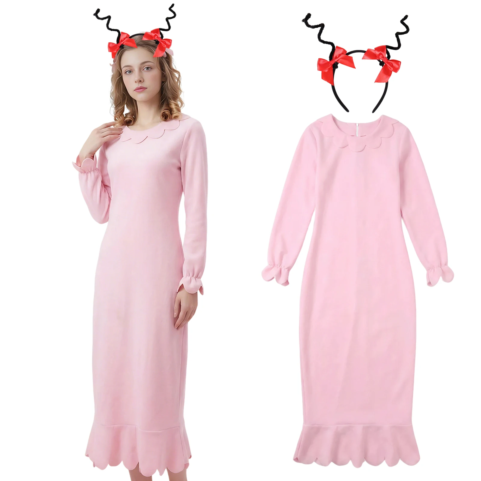 

Adult Cindy Lou Who Costume Women Pink Long Sleeve Princess Dress with Headband Christmas Dress Up Nightgowns Outfit
