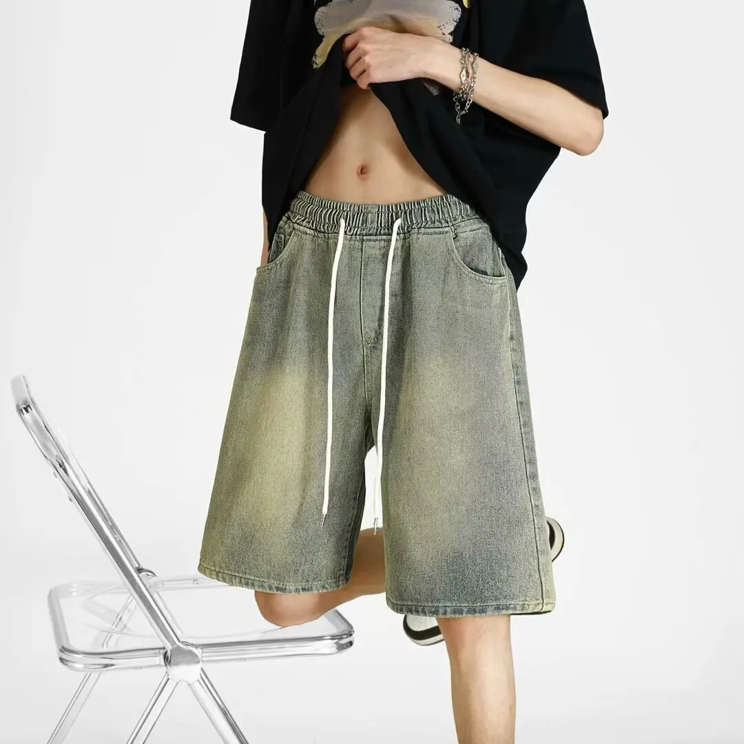 Shorts jeans masculinos, 2025 verão estilo fino retro solto marca de moda americana casual calças de comprimento médio de cinco polegadas