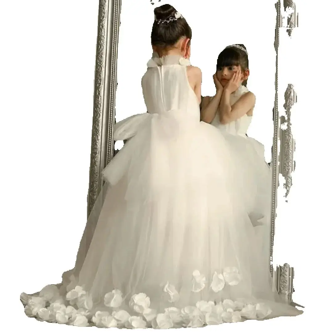 Robes de fille de fleur ivoire personnalisées pour mariage col haut Tulle fleurs 3D élégant enfant première Communion robe d'occasion formelle