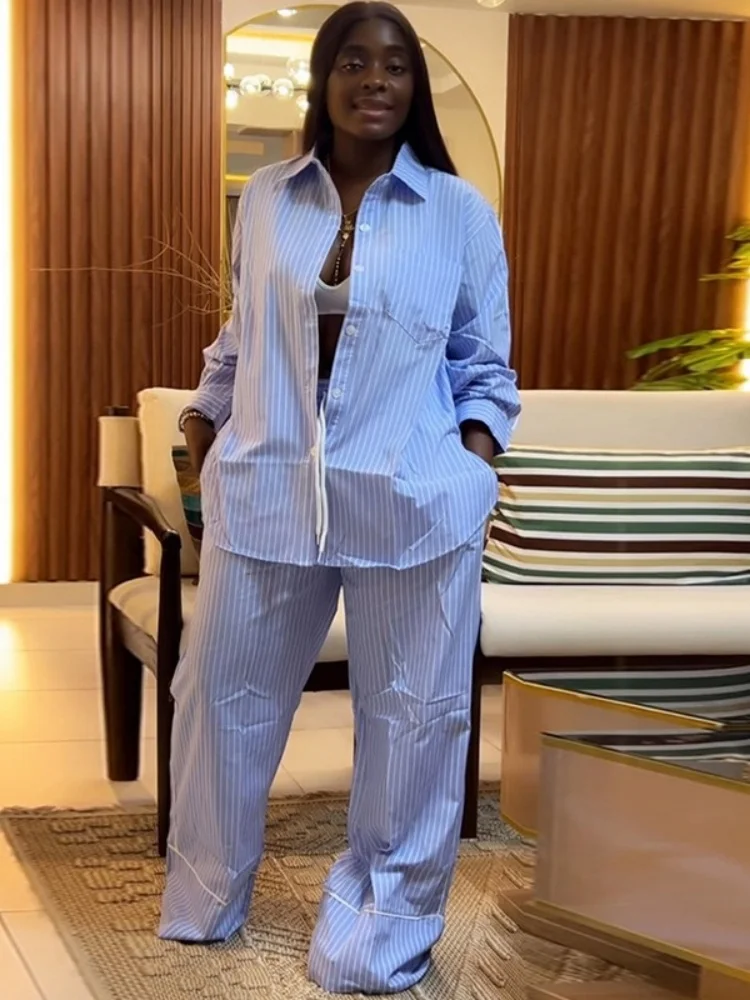 

Wmstar Two Piece Set Women Wholesale Woman 2025 Summer New Fashion Lapel Loose Striped Shirt Suit Wide Leg Trousers Pant Sets