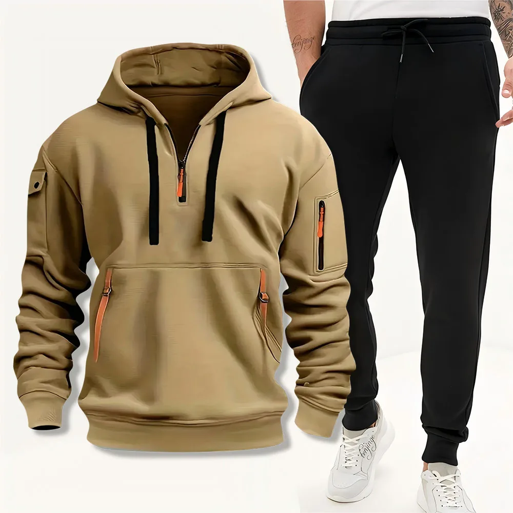 Cross Border Popular Men's Autumn Winter New Collection with Plush Multi Pocket Zipper Hoodie Set Personalized Casual Hooded