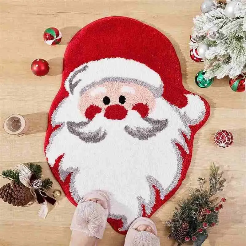 VIKAMA Santa Claus Doormat Christmas Holiday Bath Rug Red White Beard Shape Non Slip Absorbent Soft Entryway Bathroom Mat