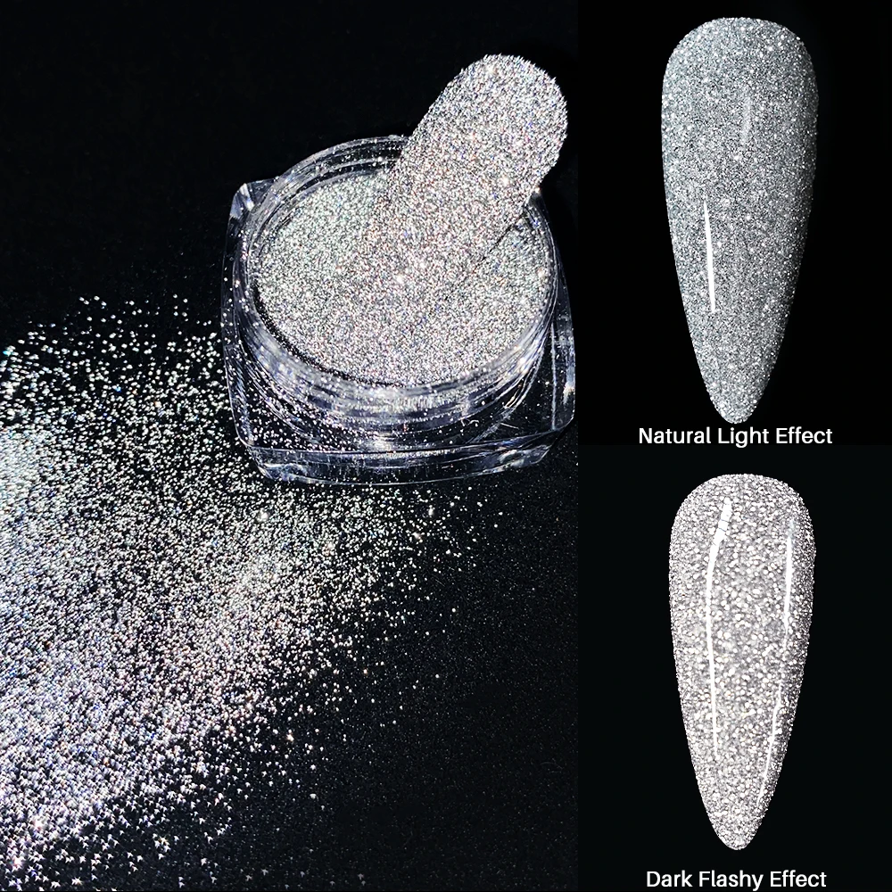 Poudre à ongles réfléchissante à paillettes argentées, effet Flashy foncé, cristal diamant, Pigment chromé, poussière à friction, décorations de manucure, 1 pièce