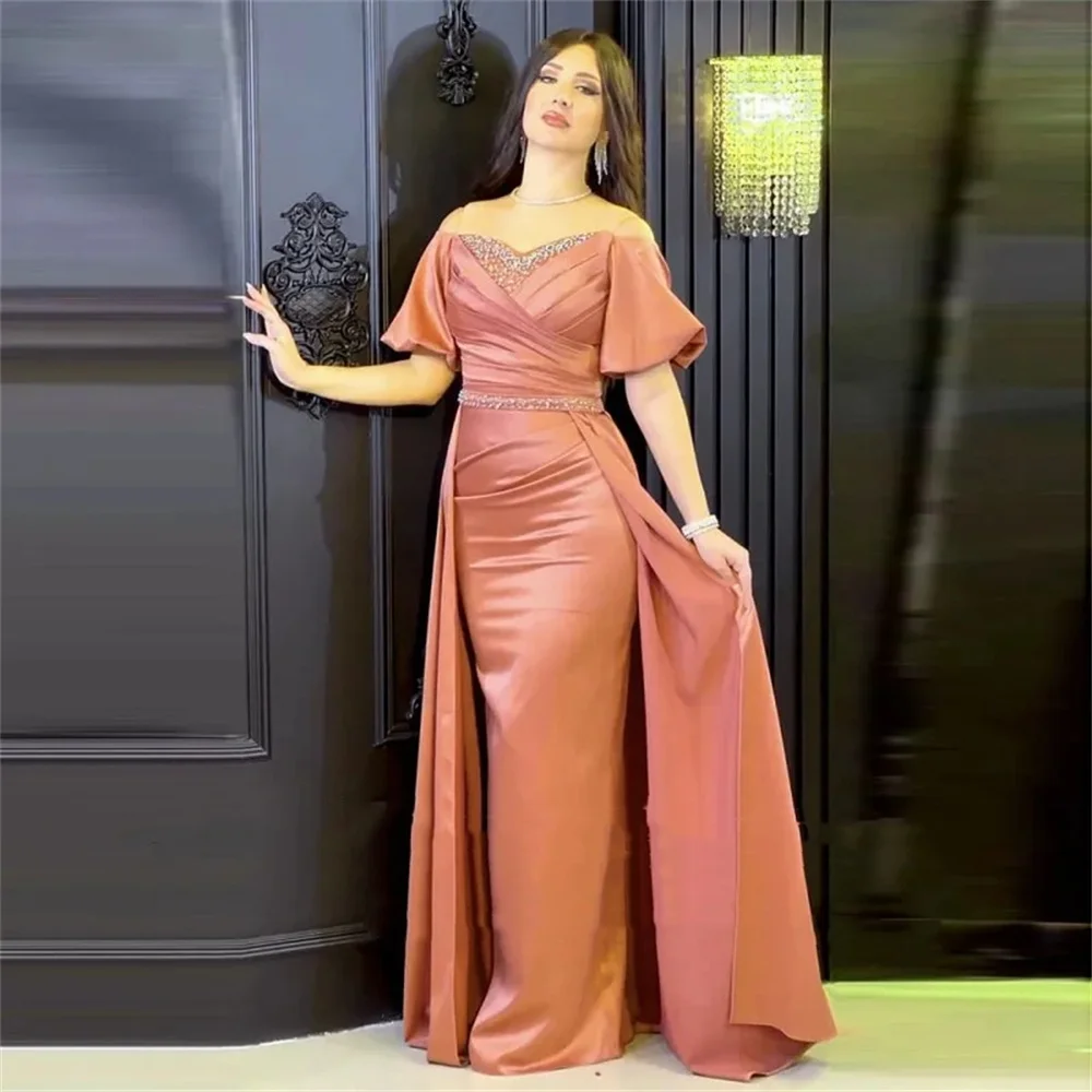 Gaun Prom Arab baru gaun pesta pernikahan Satin applique payet berkilau lengan pendek leher-o tipis gaun malam Formal