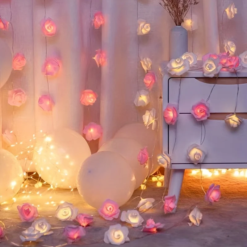 LED Rose String Lights - White Pink Valentine Wedding Decor Night Light Mother's Day Gift