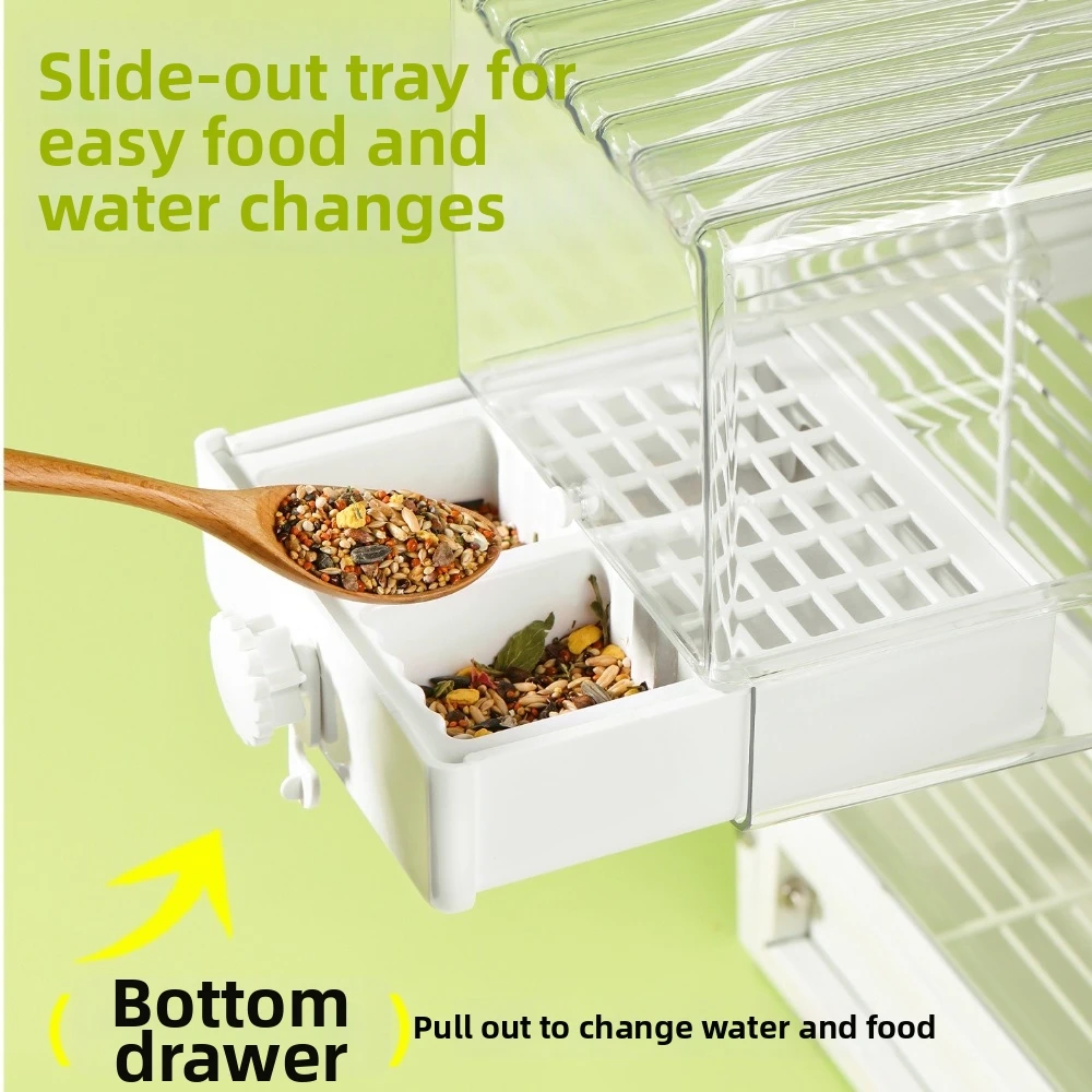 Neue 2-in-1 Vogel-Hängebadezelle, Transparent, Große Kapazität, Papageien-Futterstation, Schubladen-Design, Spritzwassergeschützt, Papageien-Duschbox für Käfige