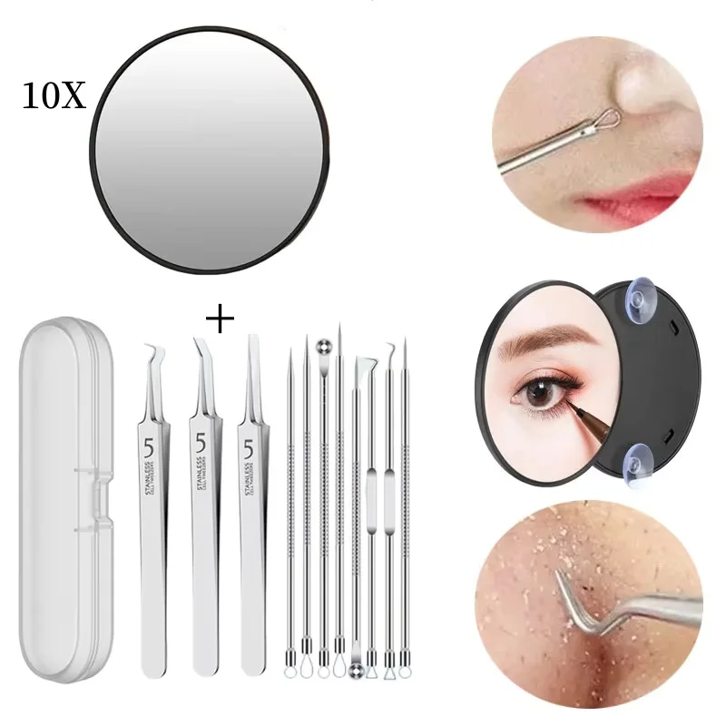 11pcs Acne Needle 10x Makeup Magnifying Mirror Set Squeezing Pimples Blackhead Auxiliary Tool Skin Care Cleaning Blemish Remover