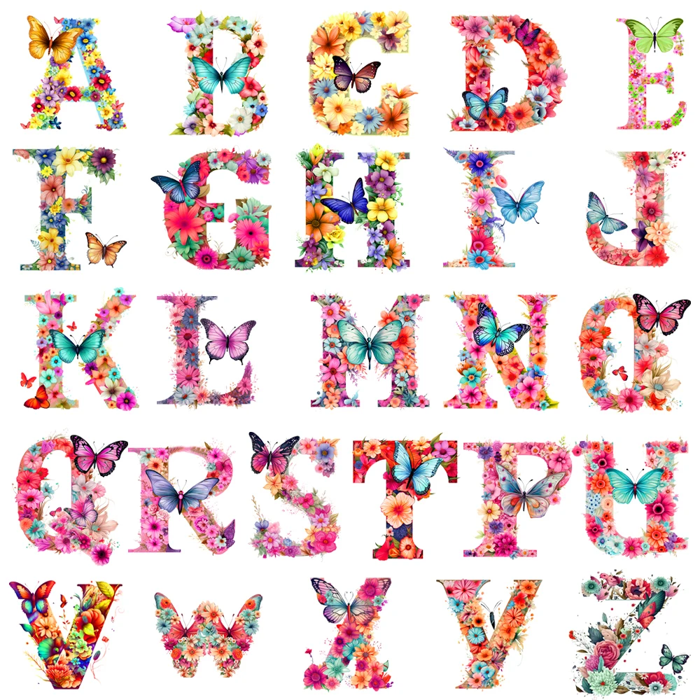 15cm niños flor mariposa 26 letras en inglés hierro en DTF pegatina de transferencia de calor Diy camiseta hierro en parches de transferencia calcomanía impresa