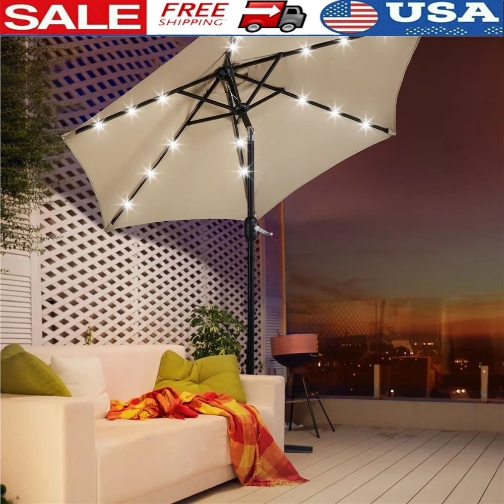 

7.5ft Patio Umbrella with Solar LED Lights Crank Lift Tilt Adjustable Water-Resistant Canopy Garden Deck Poolside