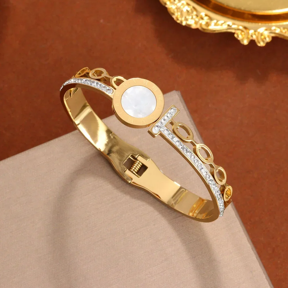 

Stainless Steel Spring Buckle Bangles Women's Roman Numerals White Shell Disc Open Bracelet Personalized Gold Plated Jewelry