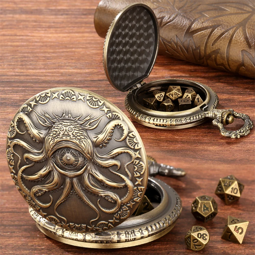 Vintage Octopus EyeMetal Pocket Watch Case with 7pcs/Set Mini Dices 30 cm Pocket Chain