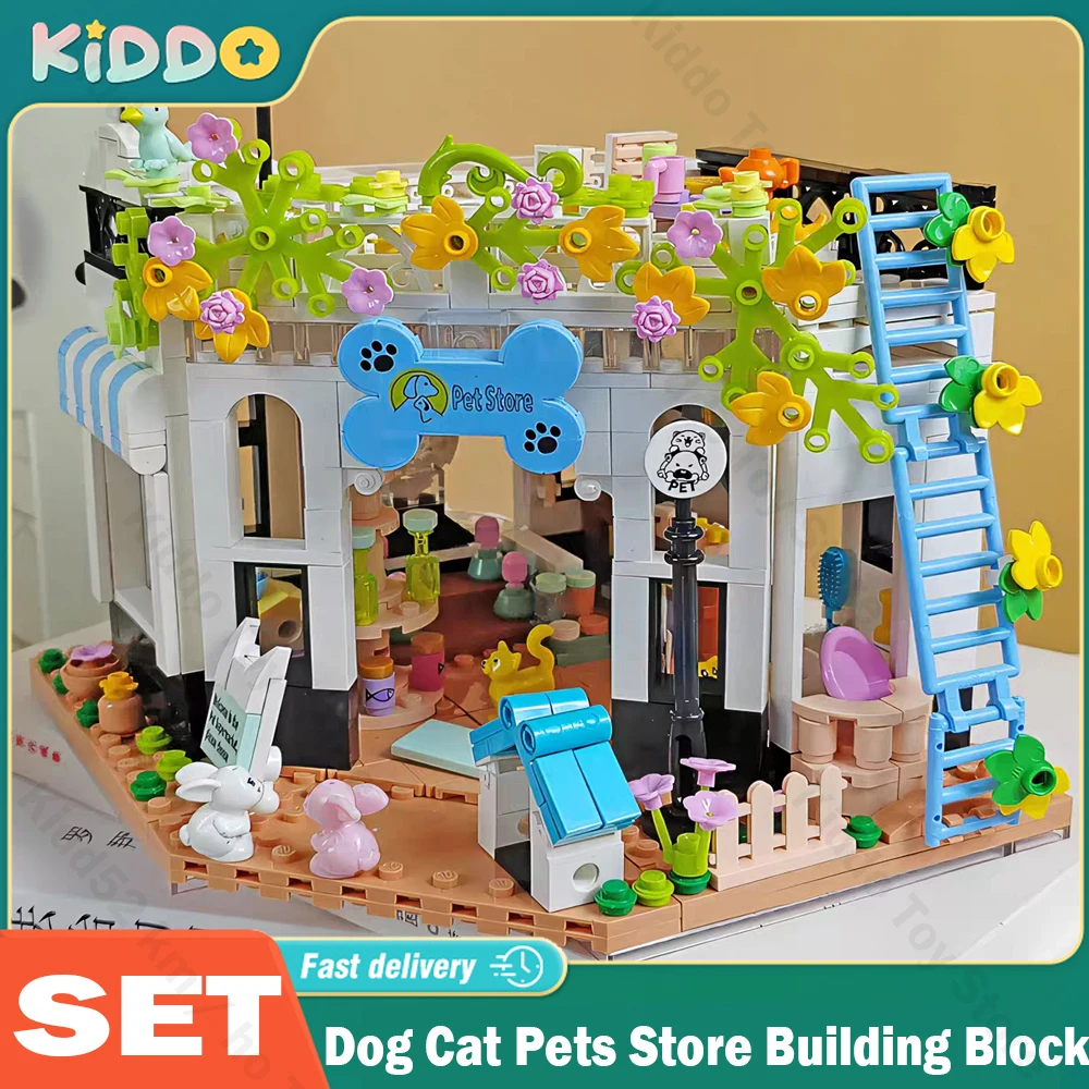 

Dog Cat Pets Store Building Block City Street View Creative Shop Construction Mini Bricks Assembly Educational Toys for Gifts