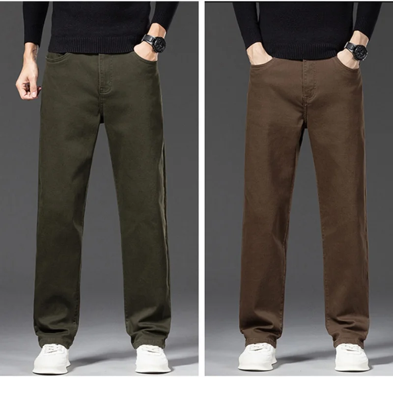 

Autumn Spring 98% Cotton Casual Pants Mens Trousers Clothing Straight Stretch Black Brown Green Mens Pants