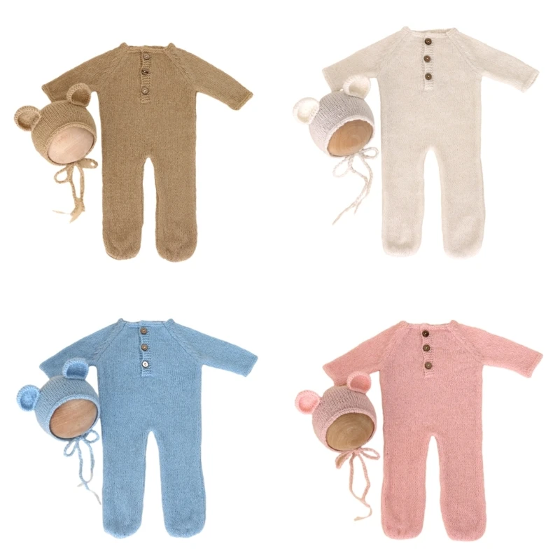 

Baby Photo Shooting Props Costume Bear Ear Hat & Footed Jumpsuit Set Newborn Photo Props Infant Photography Outfit 2PCS