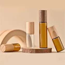 1x 5x Glass Essential Oil Roller Bottles 3ml 5ml 10ml Amber Clear Roll on Vials Natural Bamboo Wood lids Perfume Refillable Mini