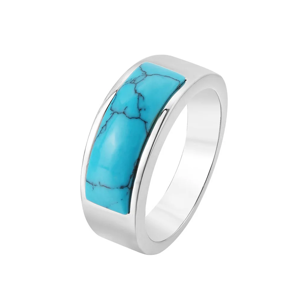 8mm Man Ring with Blue Turquoise High Quality Fashion Men Stainless Steel Party Birthday Gift Jewelry Wedding Ring for Women Men