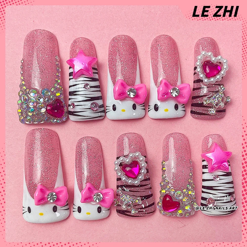 Spice Girl Y2K Hello Kitty Duck-bill Handmade Nail Tips Mymelody Kuromi Zebra-stripe Duck Web Metal Punk Press on Nails Gifts