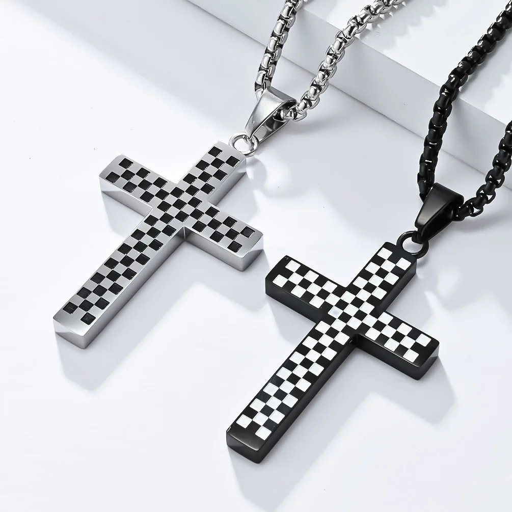 New Black and White Checkered Titanium Steel Cross Necklace for men Personality Fashion Trend Daily Accessories Jewelry Gift