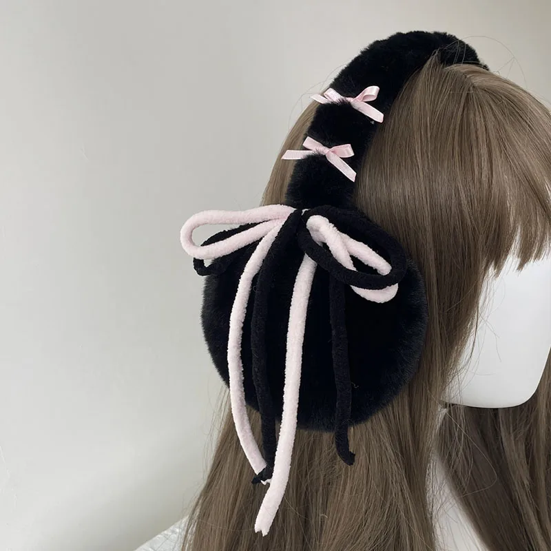 Bow Tie Earmuffs JK Women Winter Plush Rabbit Hair Fur Warm Ear Protectors Riding Windproof Ear Wraps Japanese  Accessories