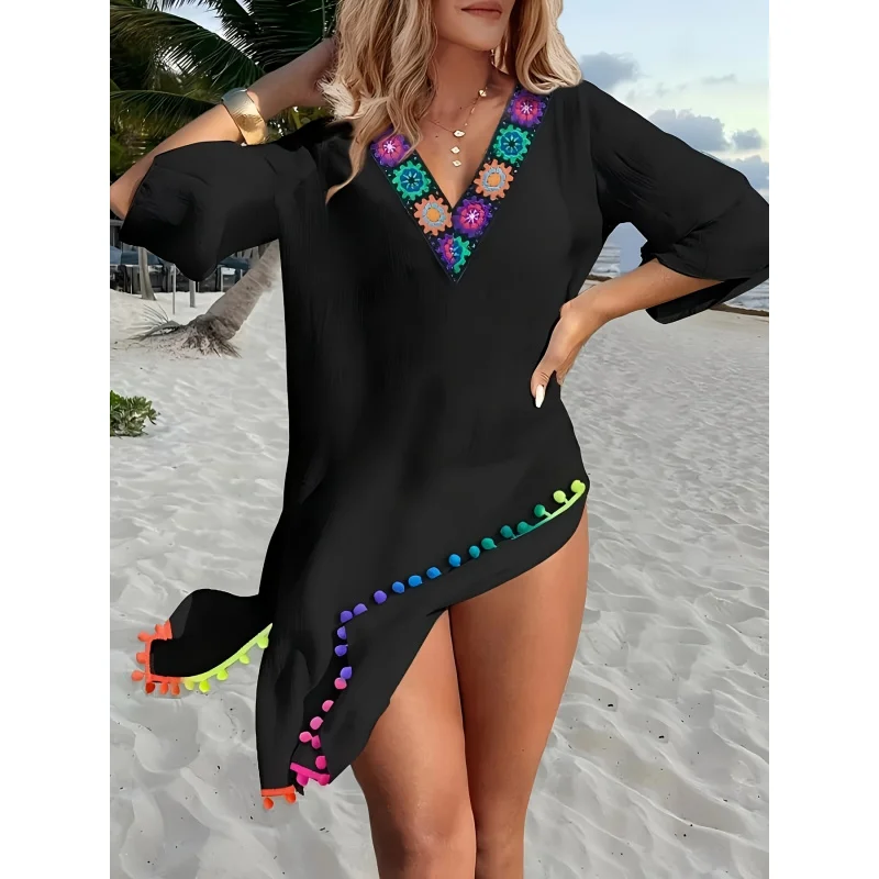 

Women's Vacation Style Crochet Cover-Up Dress with Chest Cutout, Side Slit and Lightweight Flowy Design