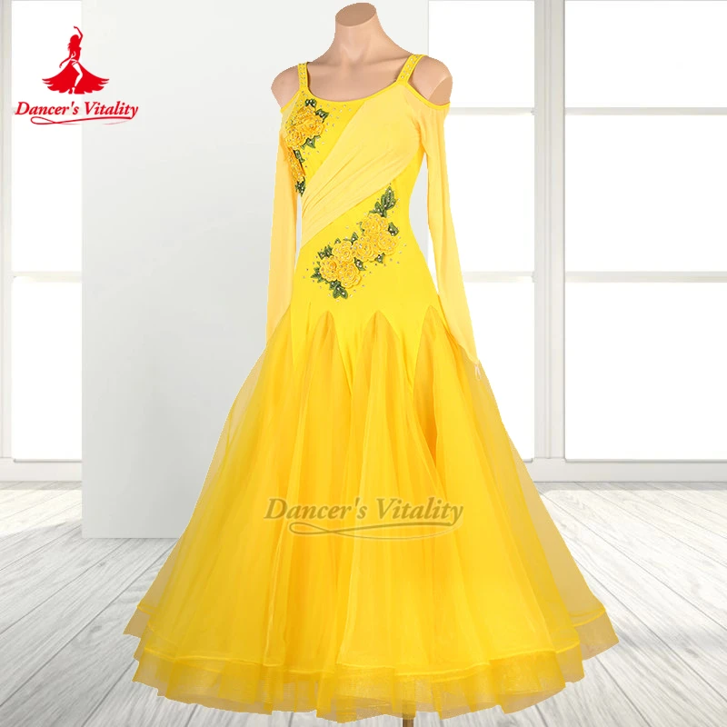 

Social Dance Long Sleeves Dew Shoulder AB Stones Dress Dancer's Vitality Women Adult Waltz Foxtrot Art Examination Clothe Custom