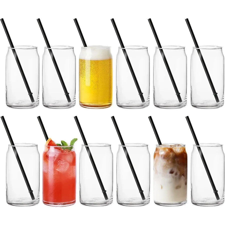 

16 OZ Can Tumbler Glasses Set of 12 with Straws BPA Free Drinking Glasses Ideal for Beer Iced Coffee Tea Juice Cocktail Whiskey