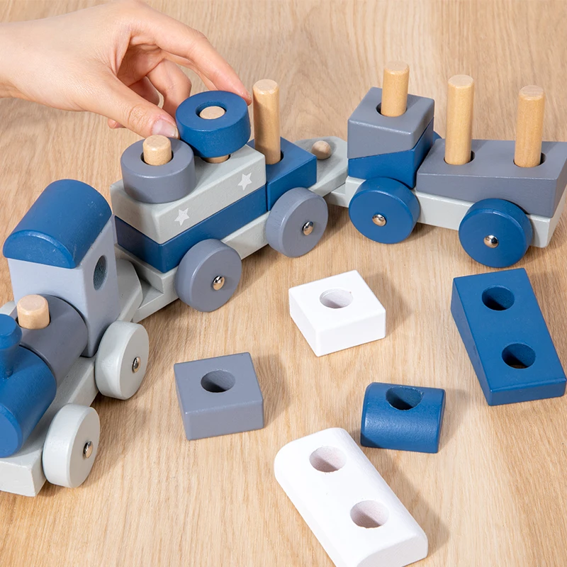 Conjunto de trem de empilhamento montessori de madeira, brinquedos educativos, classificador de formas, blocos de construção, carrinho de madeira, brinquedos de aprendizagem para bebês, presentes