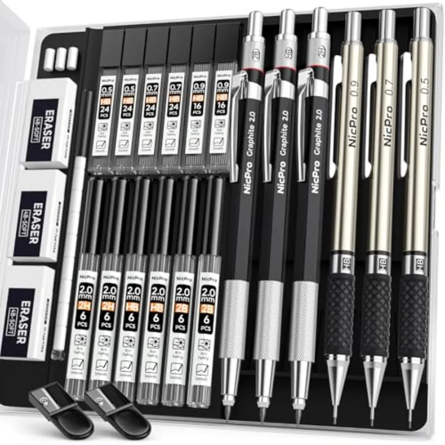 

6PCS Art Mechanical Pencil Set, 3PCS Metal Drafting Pencil 0.5 mm and 0.7 mm and 0.9 mm and 3PCS 2mm Graphite Lead Holder 2B HB