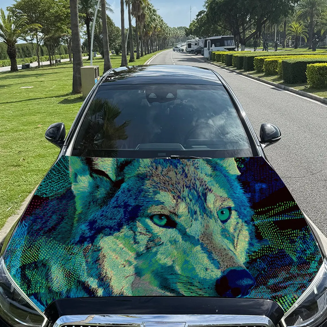 

Car Decal Wolf with Vibrant Teal and Blue Pixel-Art Style Background & Retro-Mystic Aesthetic Car Hood Sticker, Waterproof Self
