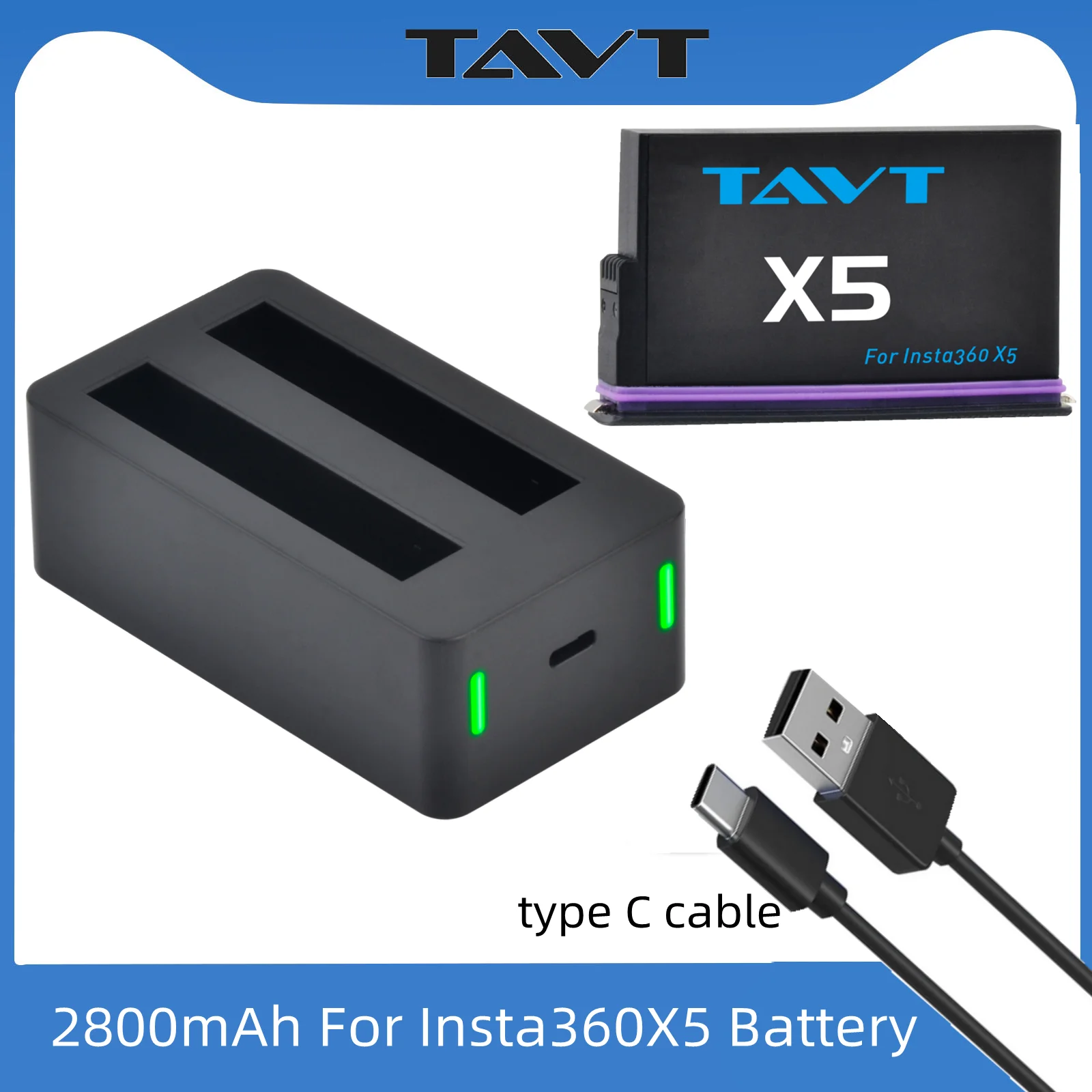 

2800mAh Rechargeable Li-ion Battery for Insta360 X5 and LED Dual Charger for Insta 360X5 Action Camera