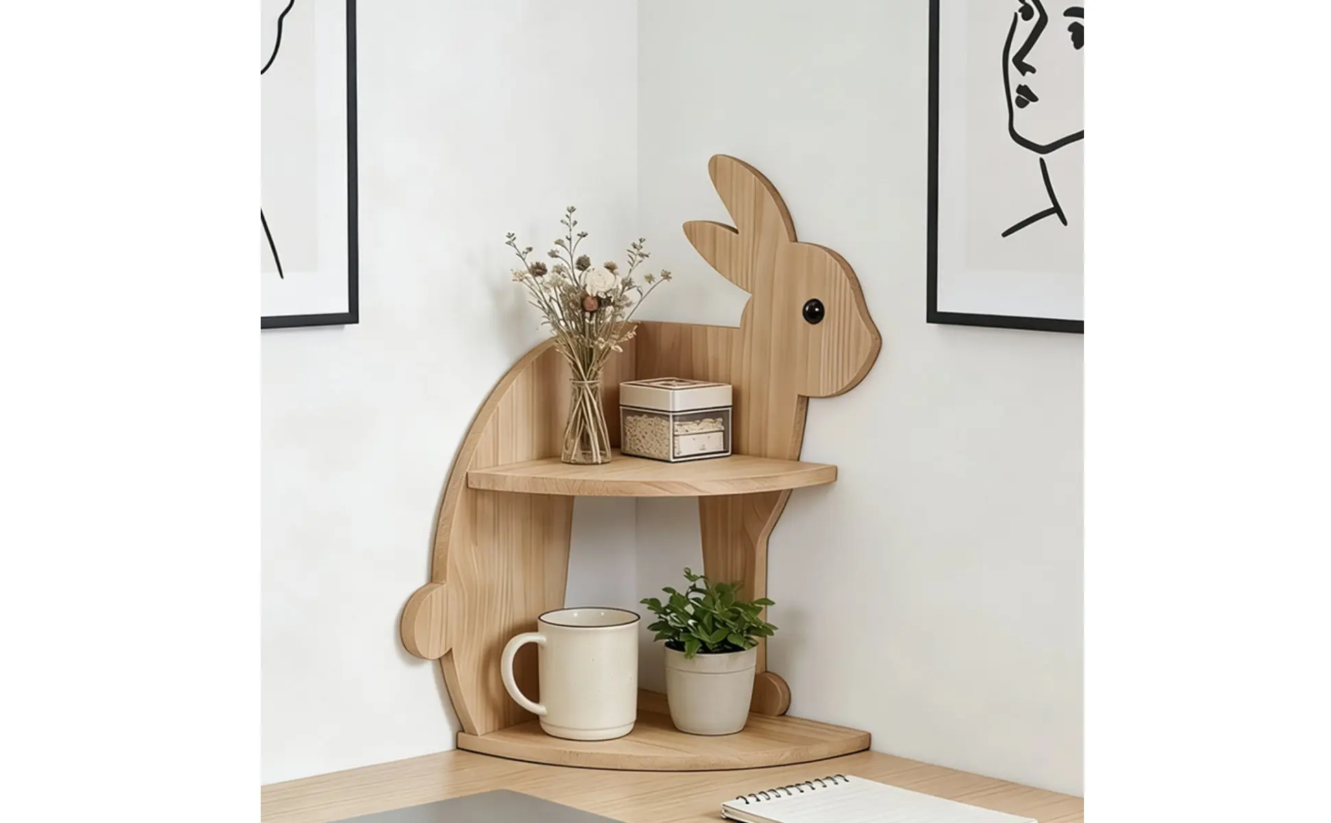 Rabbit Corner Shelf Decorative Bunny Storage Rack Wooden Corner Organizer Modern Design Display Intended for Children