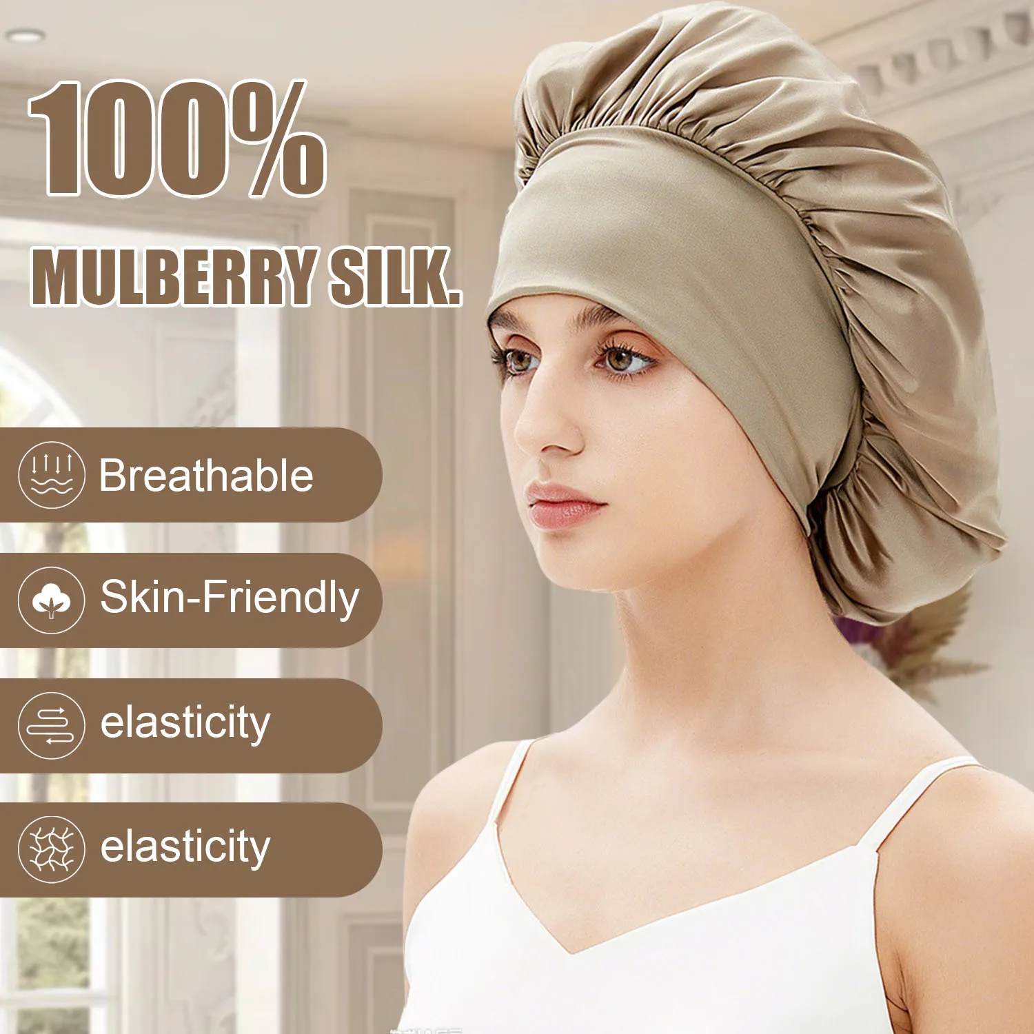 

100% Mulberry Silk Bonnet for Sleeping - 8cm Wide Band No-Slip Hair Cap, UV Protection & Breathable for Curly/Natural Hair