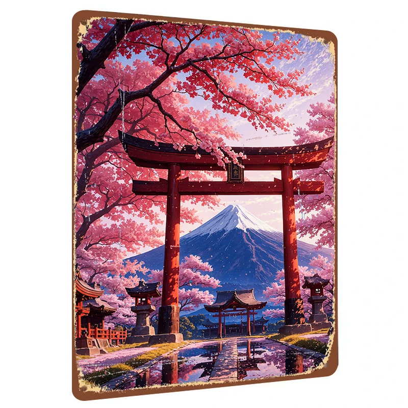 Japanese Fuji Mountain Cherry Blossom Torii Gate Scenery Metal Iron Painting Living Room Wall Art Decor