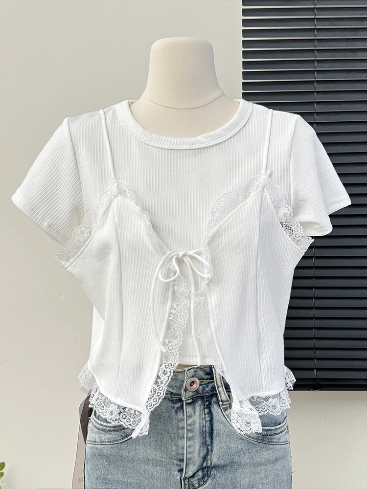 2024 Summer Two Piece Set O Neck Short Sleeve T Shirts Lace Patchwork Tanks Solid Color Crop Tops All Match Odzież damska