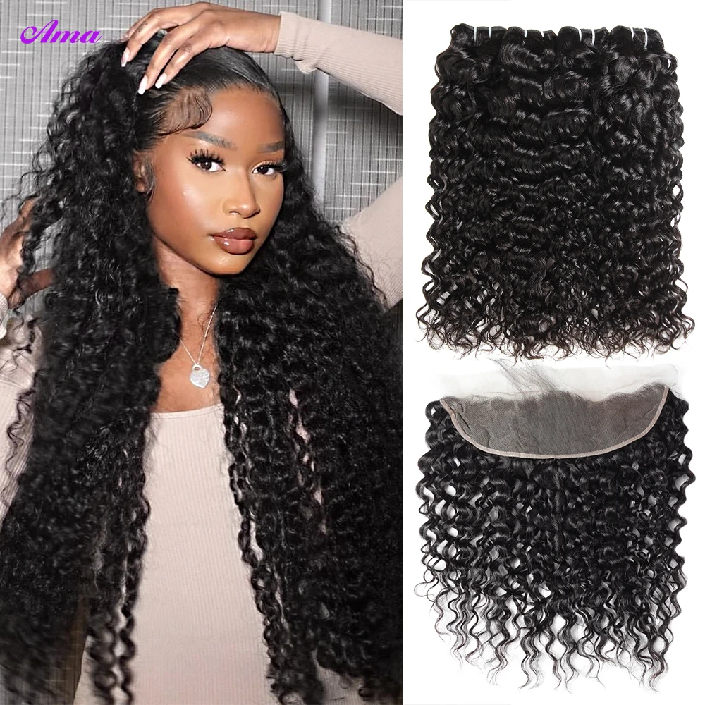 28 30Inch Water Wave Human Hair Bundles with  Frontal Peruvian Hair Bundles with Frontal  Remy 100% Human Hair Extension